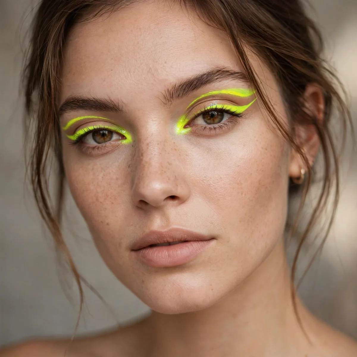 Woman with neon eyeshadow accents and otherwise nude minimal makeup