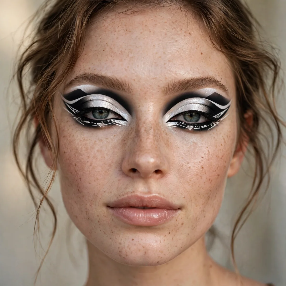 Woman with black and white duo-chrome graphic eye makeup