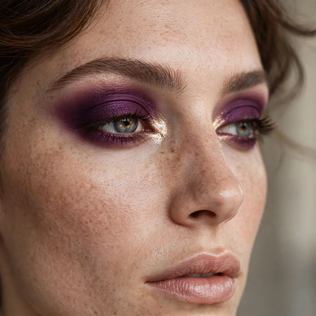 Woman with deep plum eyeshadow and bright champagne inner corner highlight