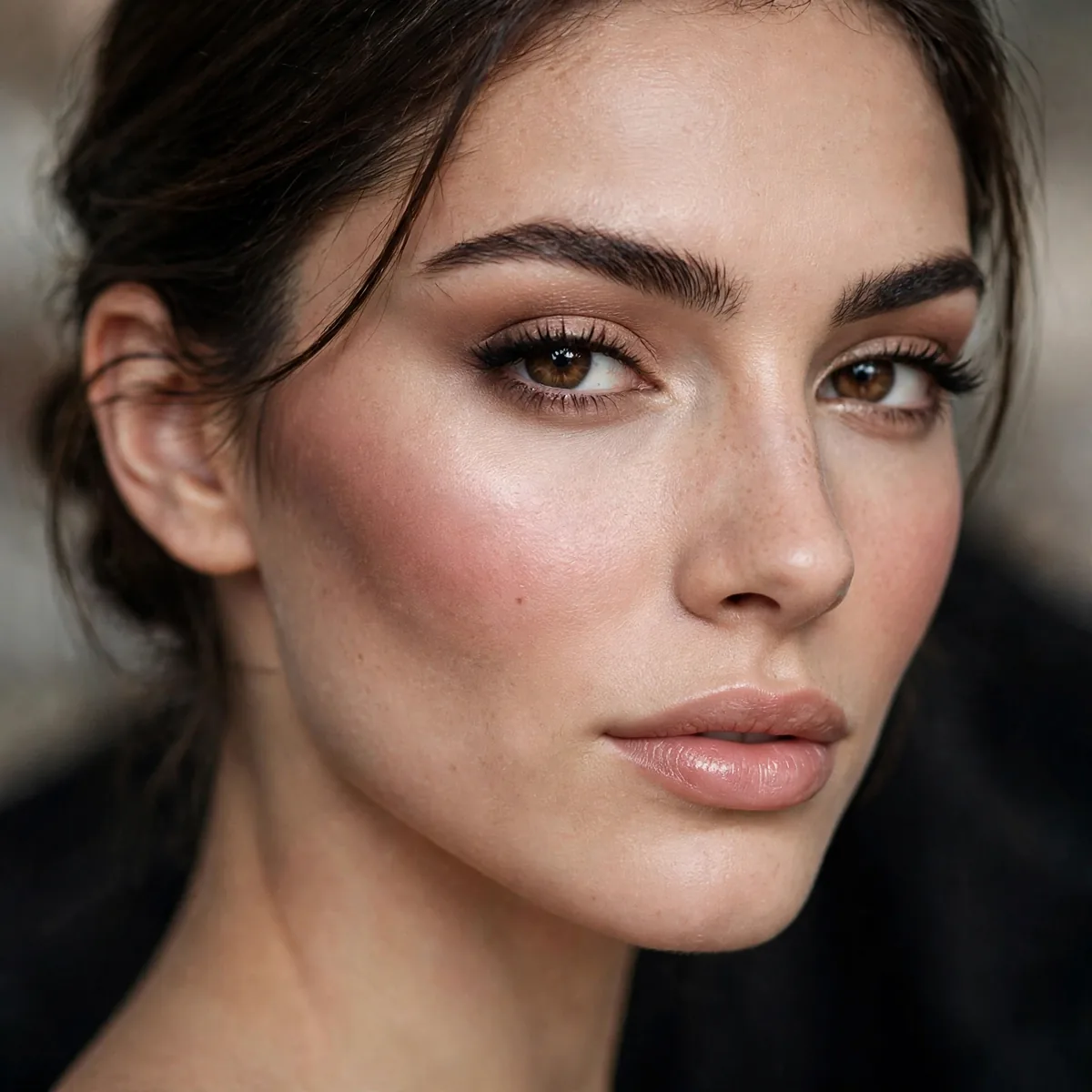 Woman with sharp contour contrasted by soft diffused blush