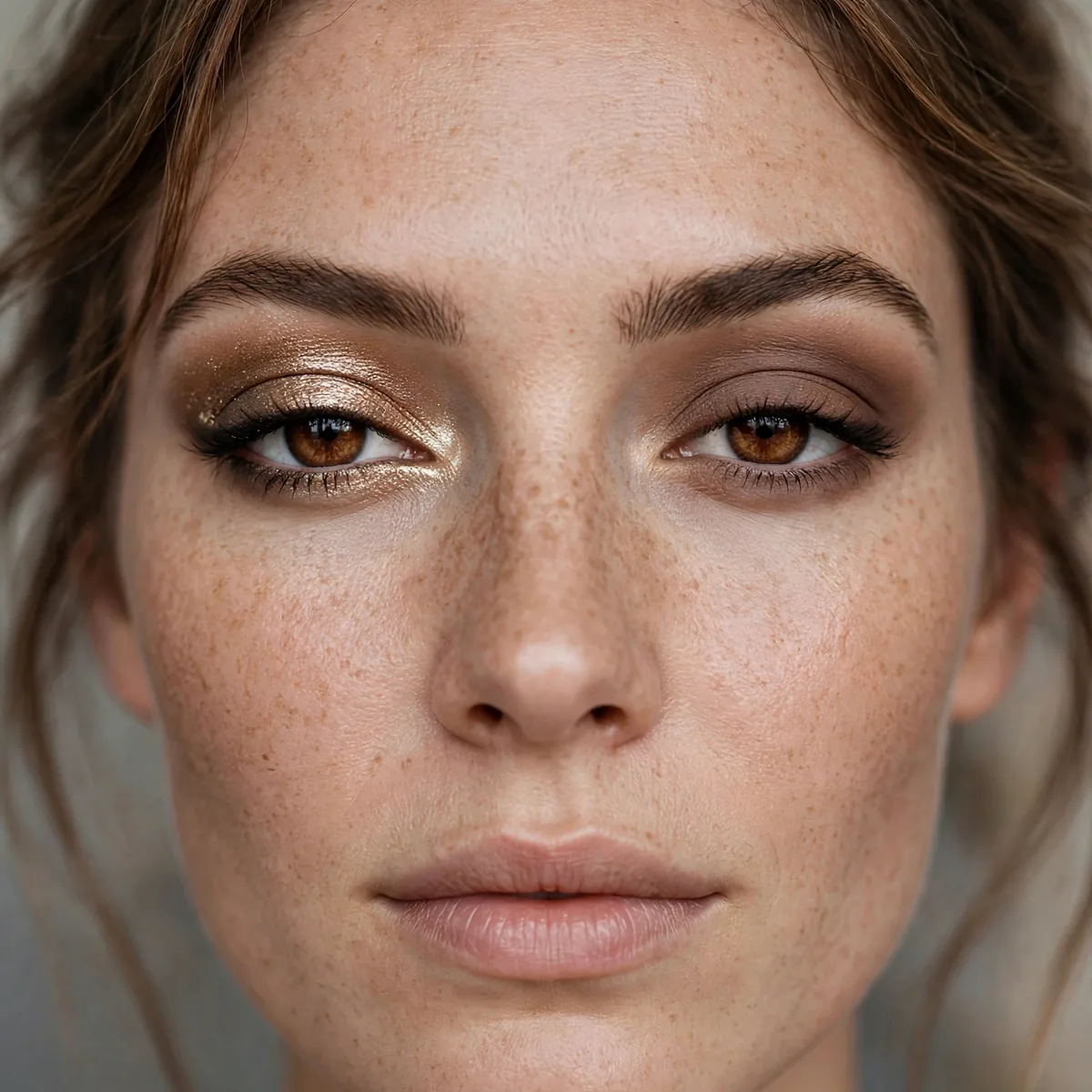 Woman with one metallic and one matte eyeshadow texture on the eyes