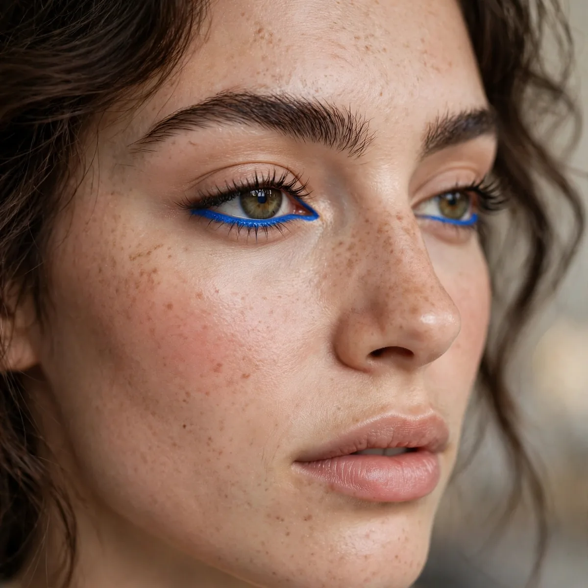Woman with electric blue eyeliner along the lower lash line