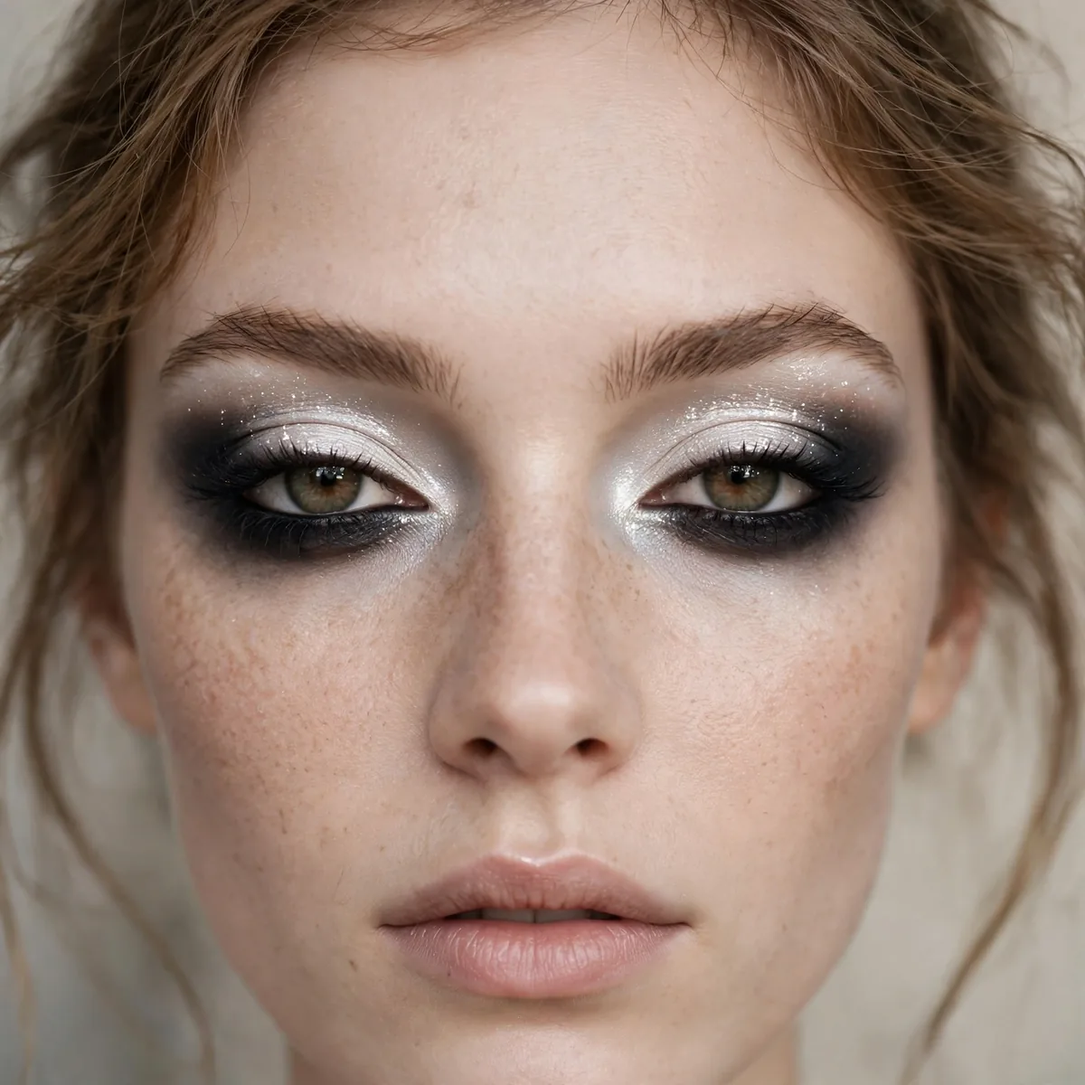 Woman with pale shimmering lids and dark smoked eye sockets