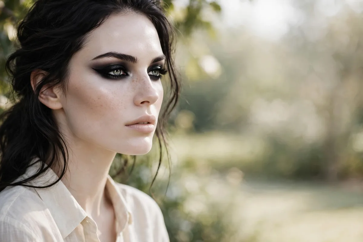 Woman with high-contrast makeup featuring bold dark eyes and pale luminous skin