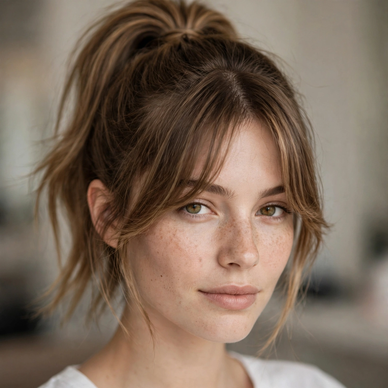 High ponytail with soft curtain bangs