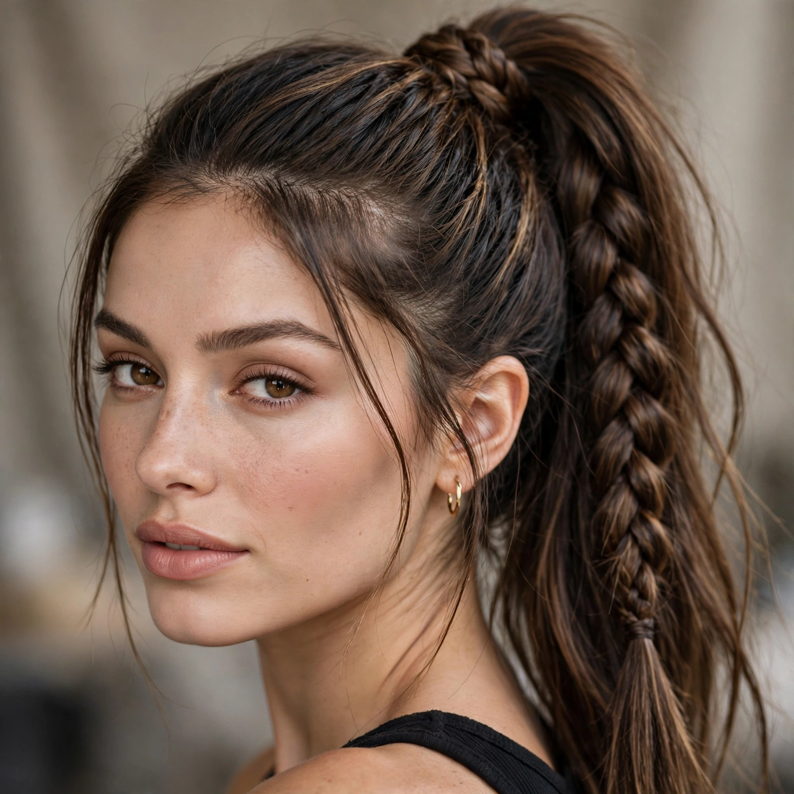 High ponytail with a fishtail braid accent