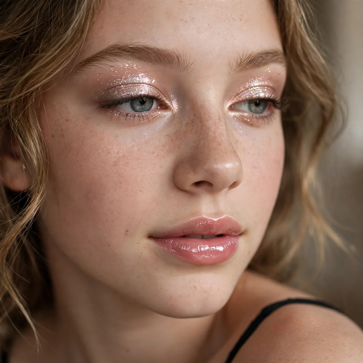 Teen with shimmering eyeshadow lids and glossy lips for homecoming