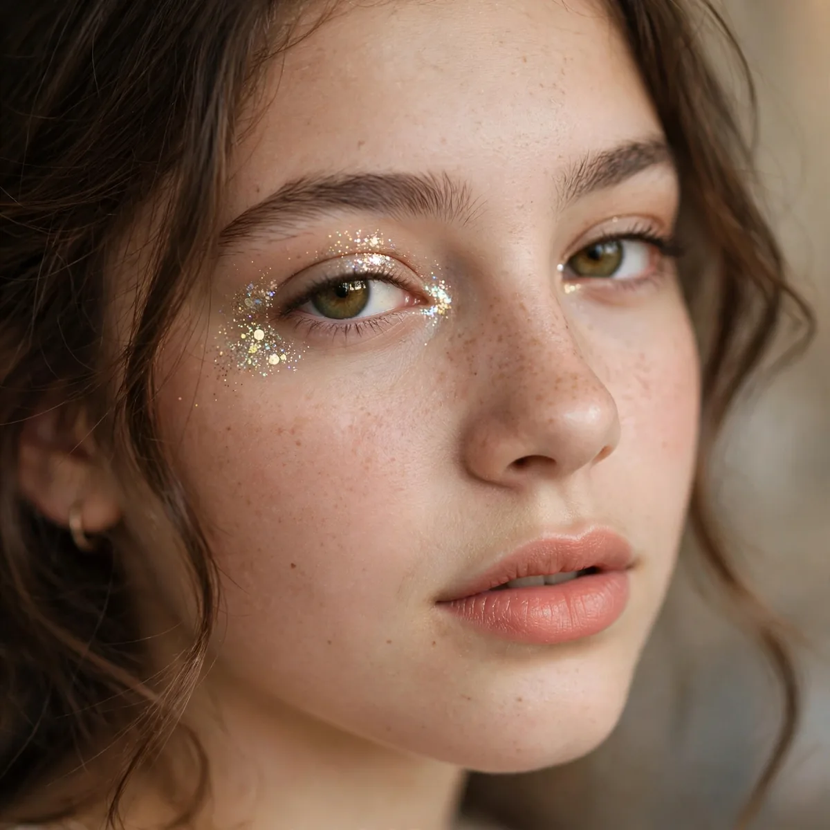 Teen with a glitter accent at the inner eye corner for hoco