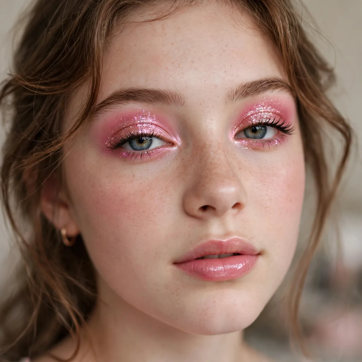 Teen with pink sparkly eyeshadow and dreamy hoco makeup