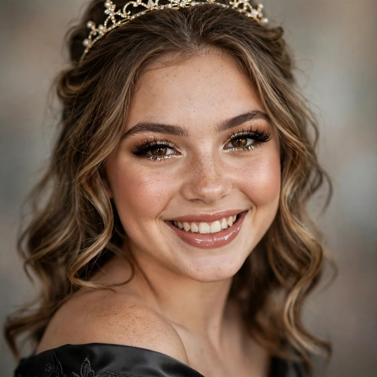 Teen with full glam hoco queen makeup and confident smile
