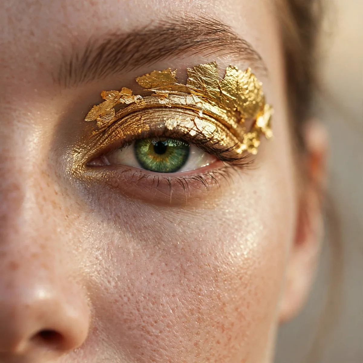 Green eyes with shimmering gold foil eyeshadow on the lids