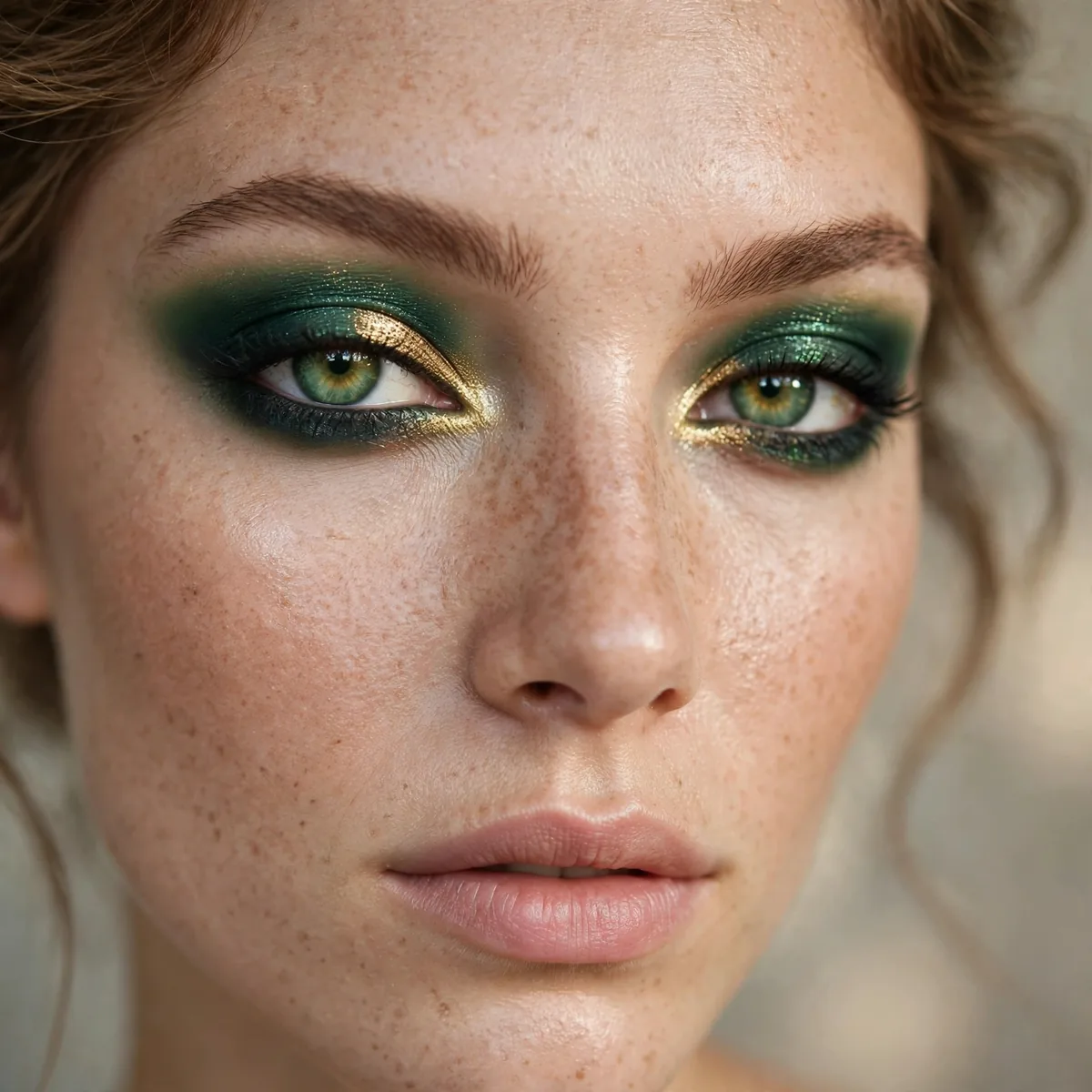 Green eyes with emerald smokey eyeshadow and gold inner corner highlight