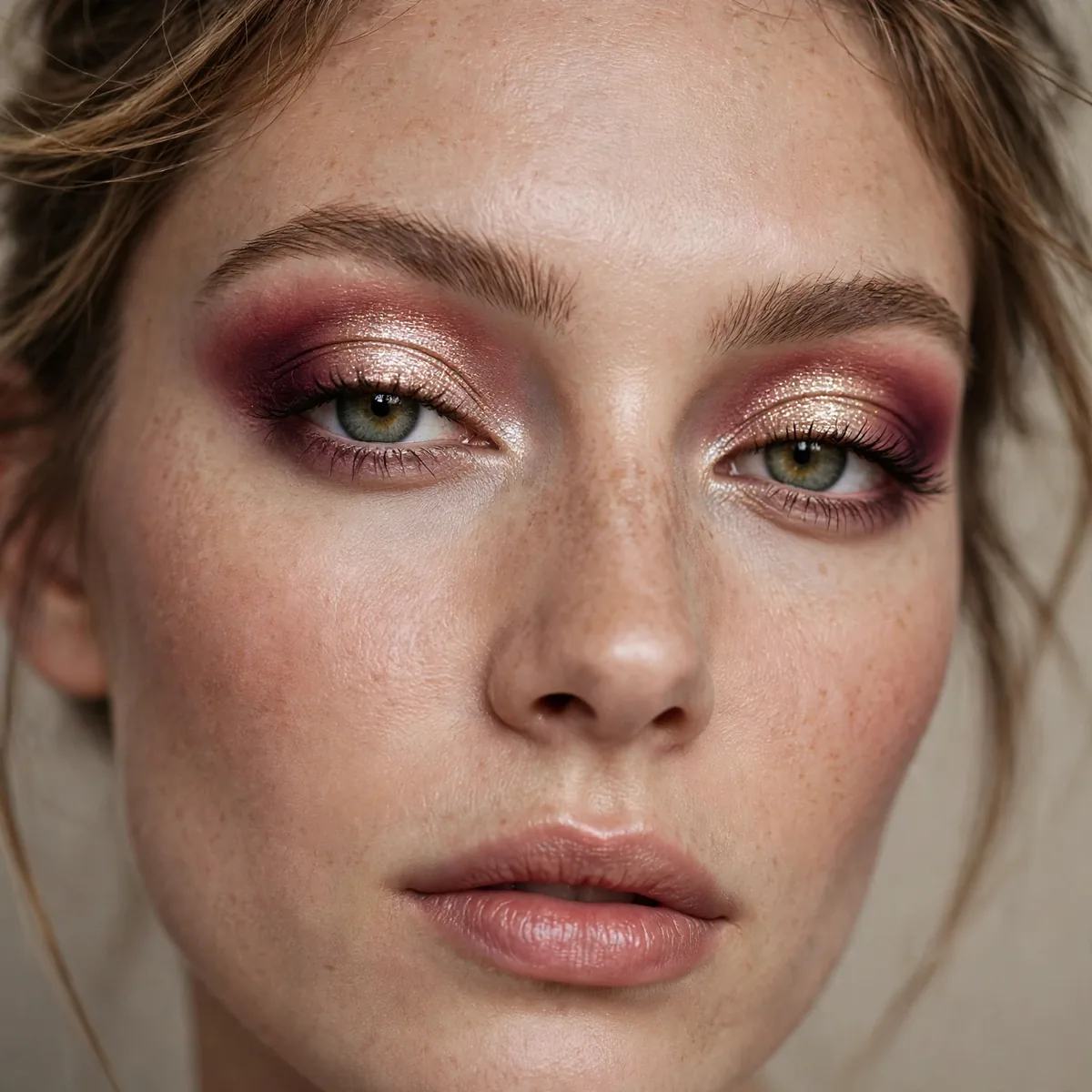 Green eyes with cranberry wine halo eyeshadow and glowing center