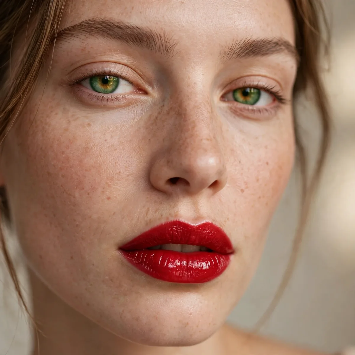 Green eyes with classic red lipstick and minimal eye makeup