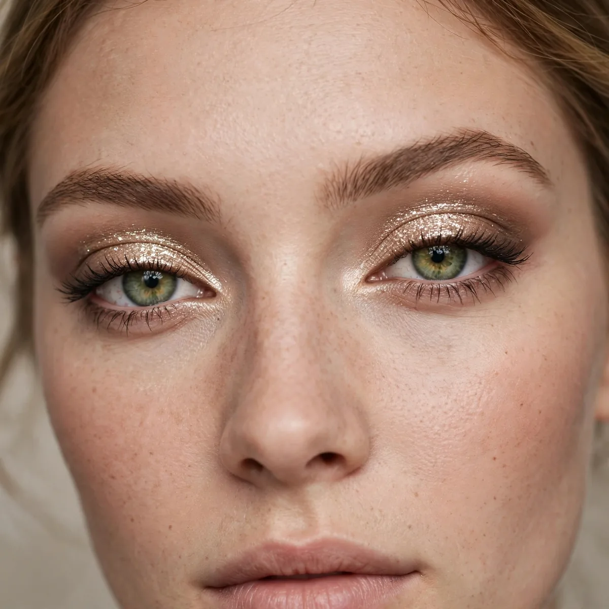 Green eyes with sparkling champagne cut crease eyeshadow