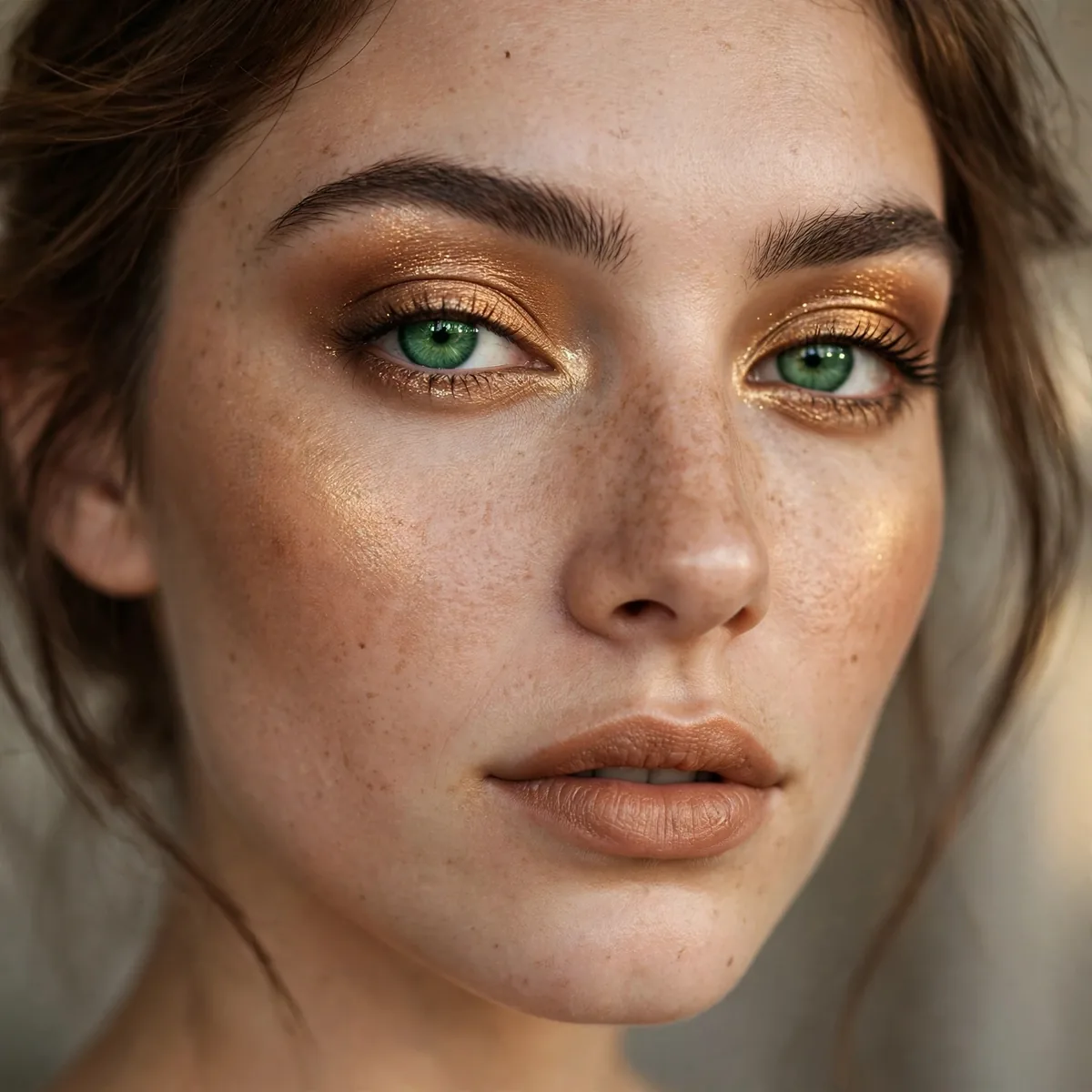 Green eyes with golden bronze glowing holiday makeup