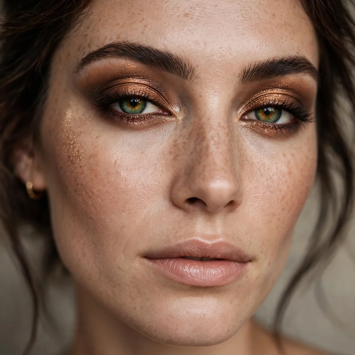 Green eyes with smoky bronze eyeshadow for New Year's Eve