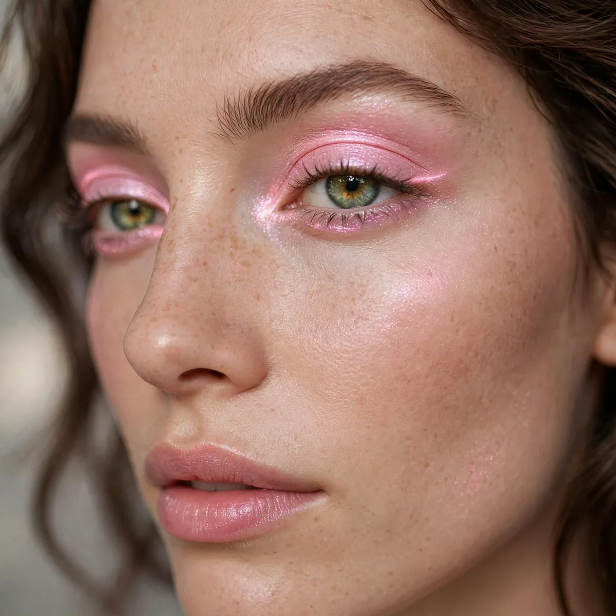 Green eyes with peppermint pink glowing makeup look