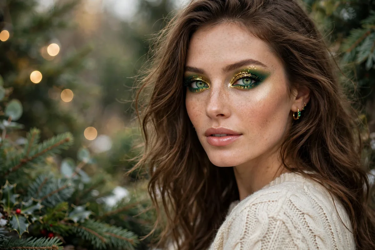 Woman with green eyes wearing festive gold and emerald holiday makeup