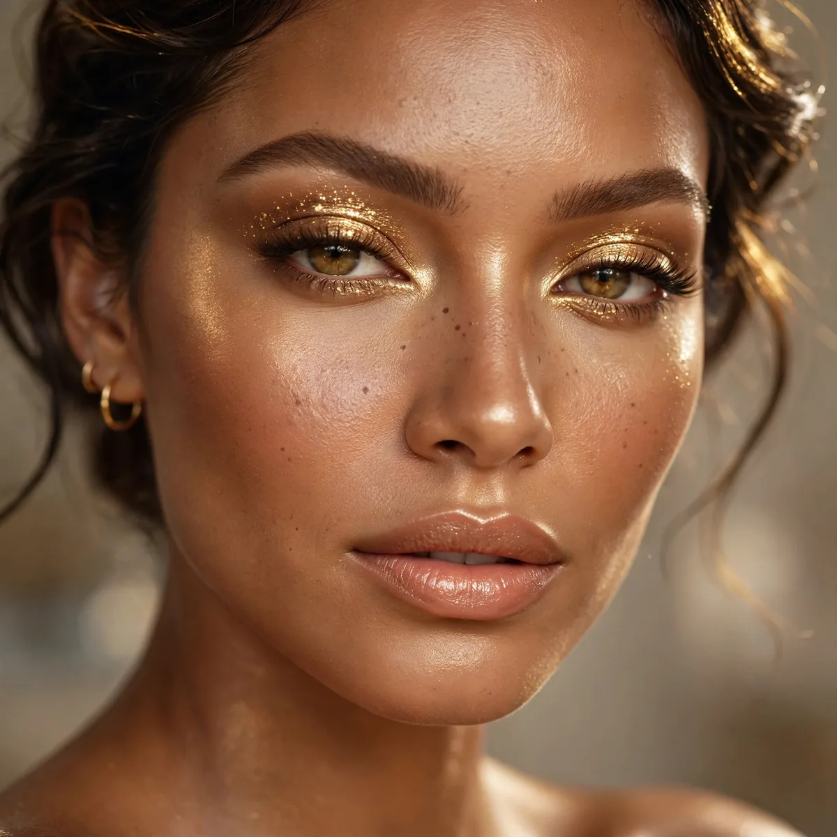 Golden goddess Hollywood glam makeup with glowing skin