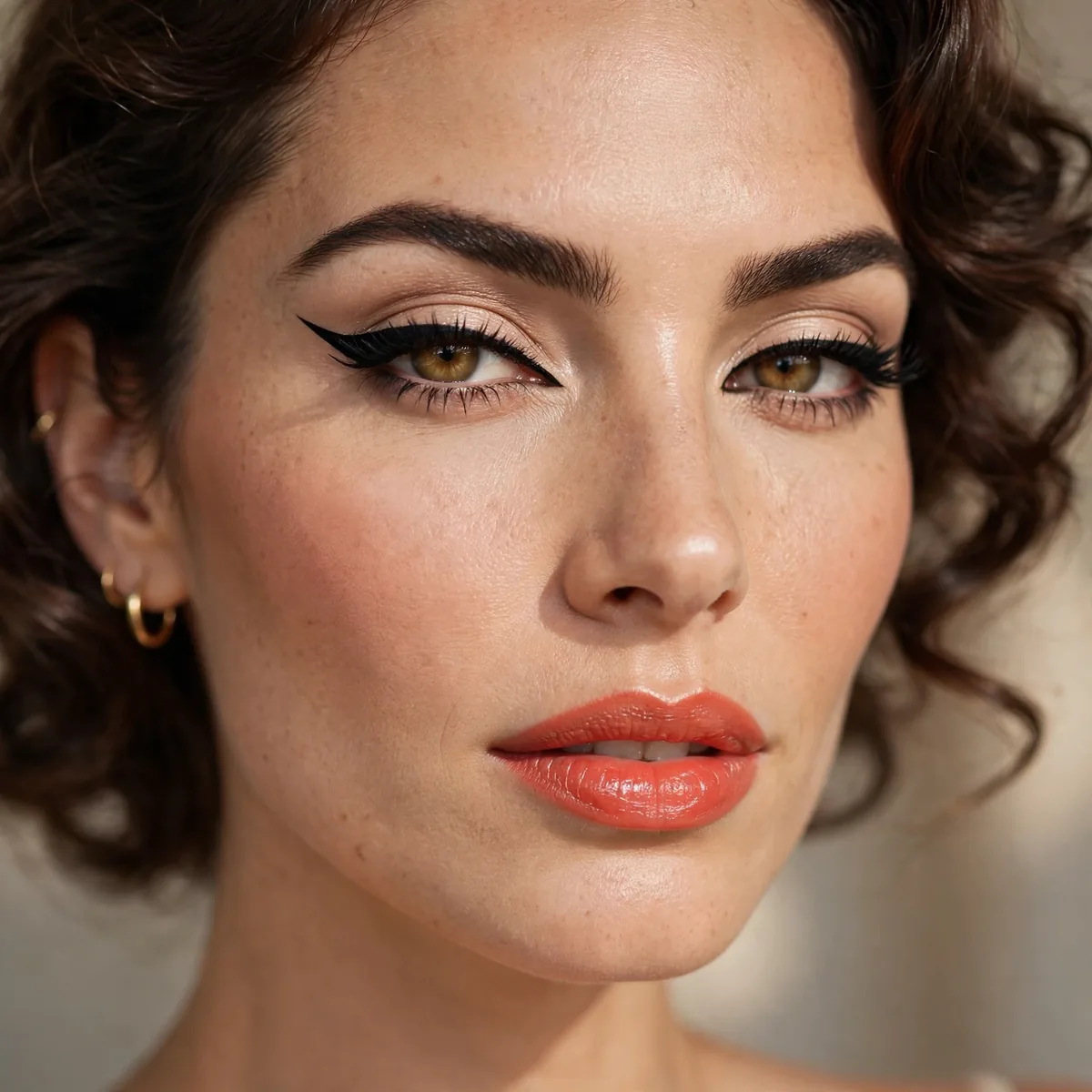 Hollywood glam with winged liner and coral lipstick