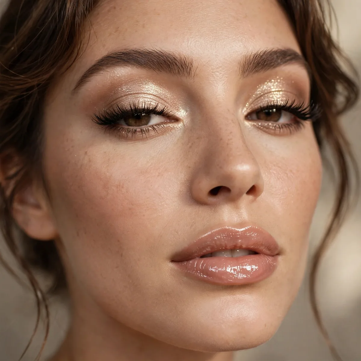 Champagne eyeshadow with glossy lips Hollywood glam