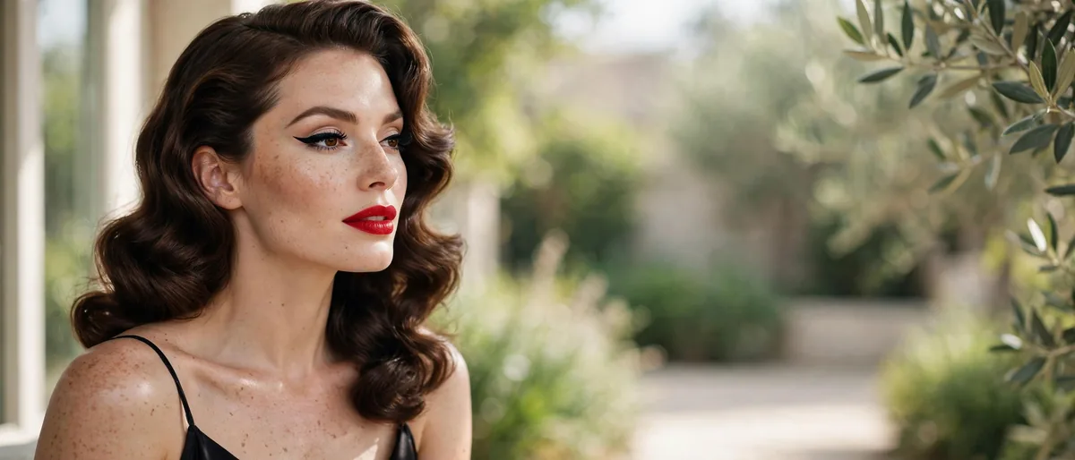 Woman with classic Hollywood glam makeup, red lips and winged liner