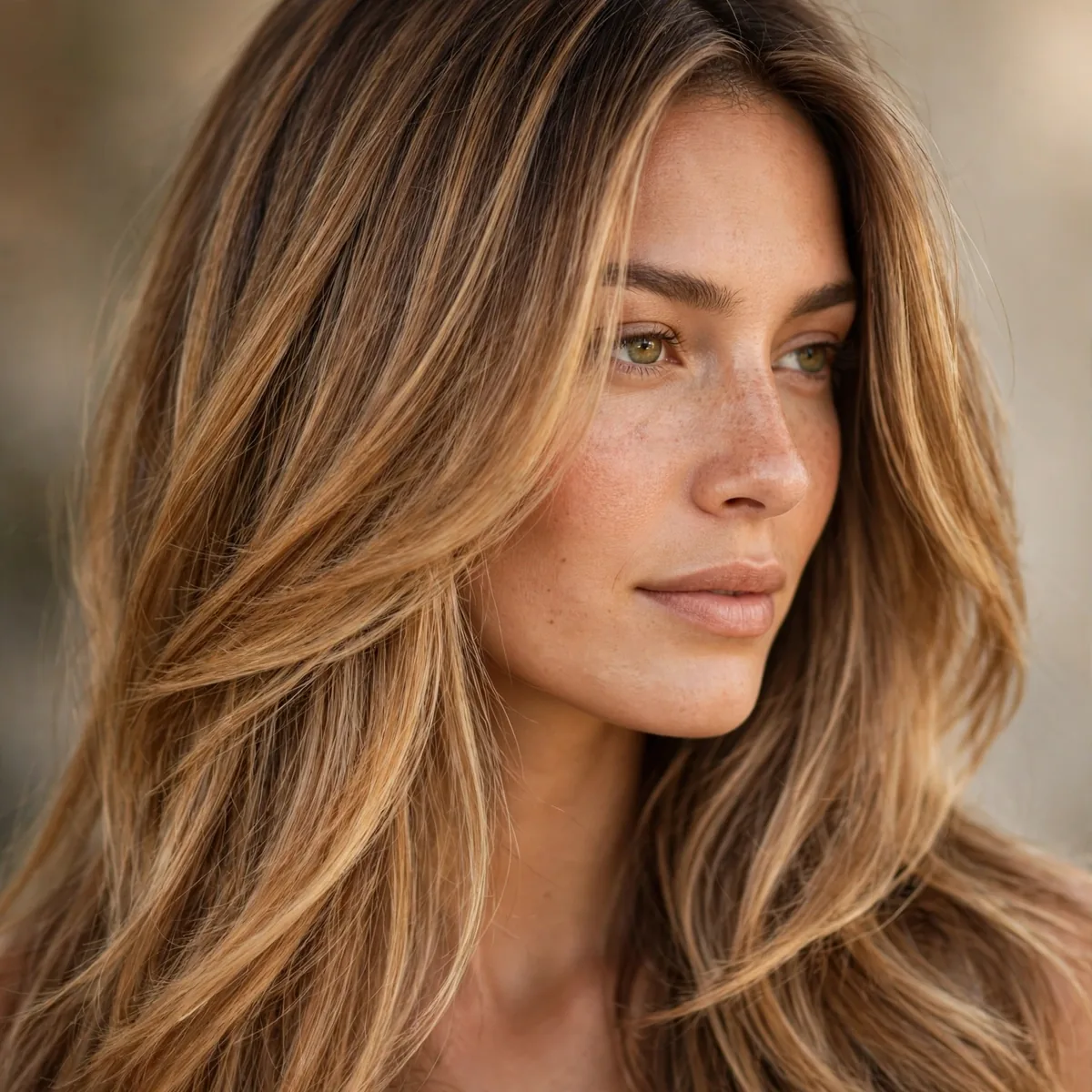 Caramel honey color melt flowing through long layered hair