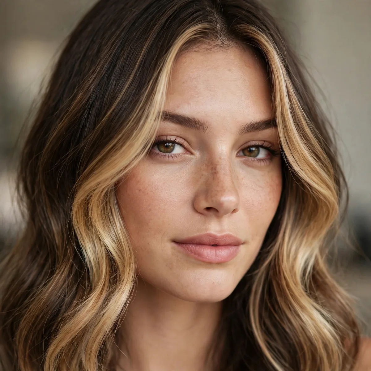 Honey blonde face framing highlights brightening the complexion