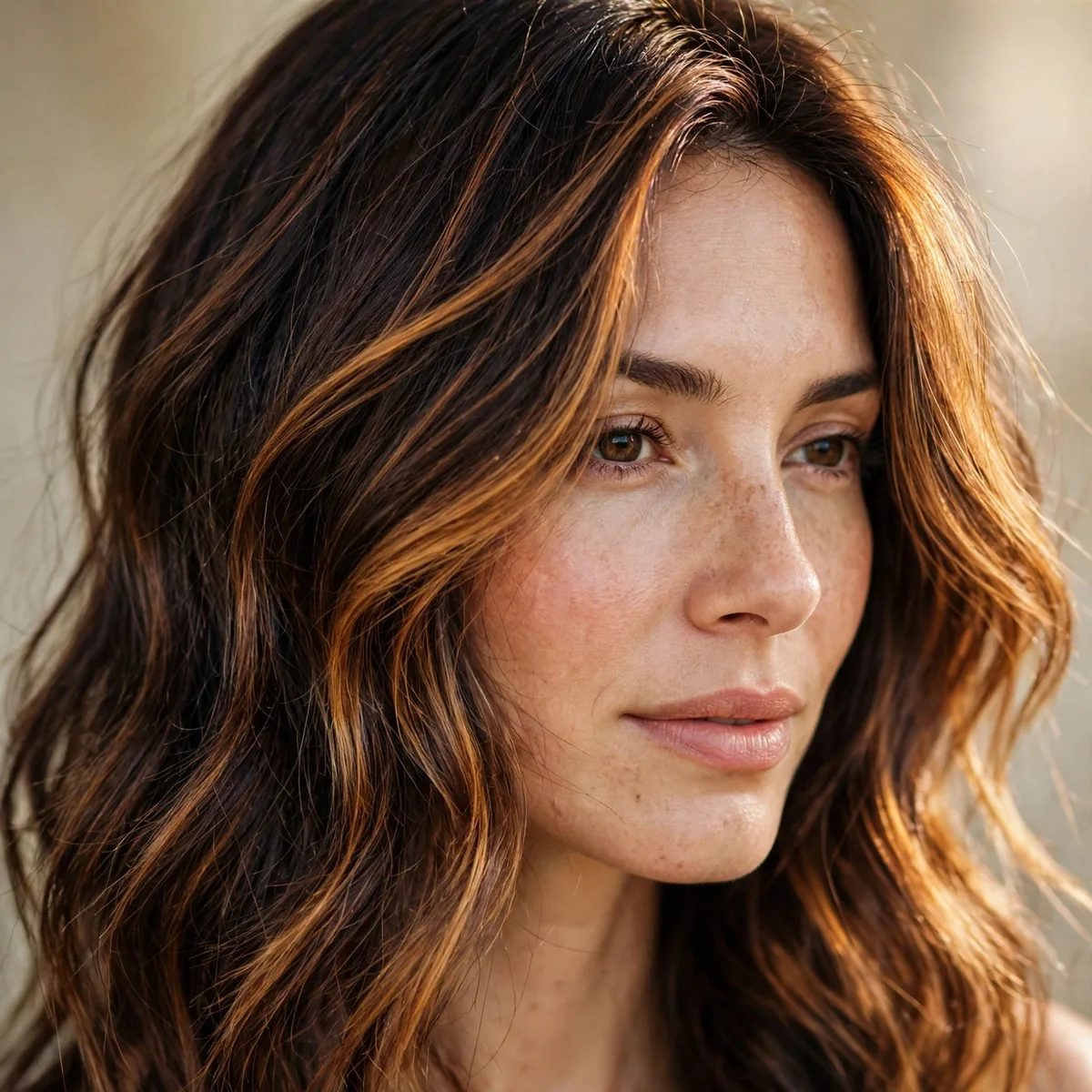 Amber honey balayage glowing on dark brown hair