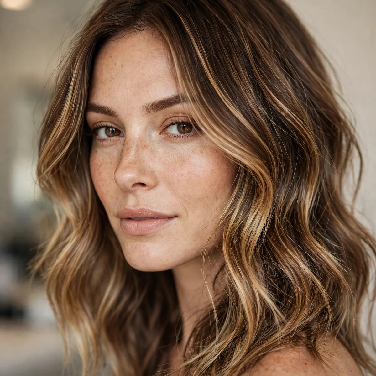 Subtle honey kiss balayage with delicate golden pieces on brown hair