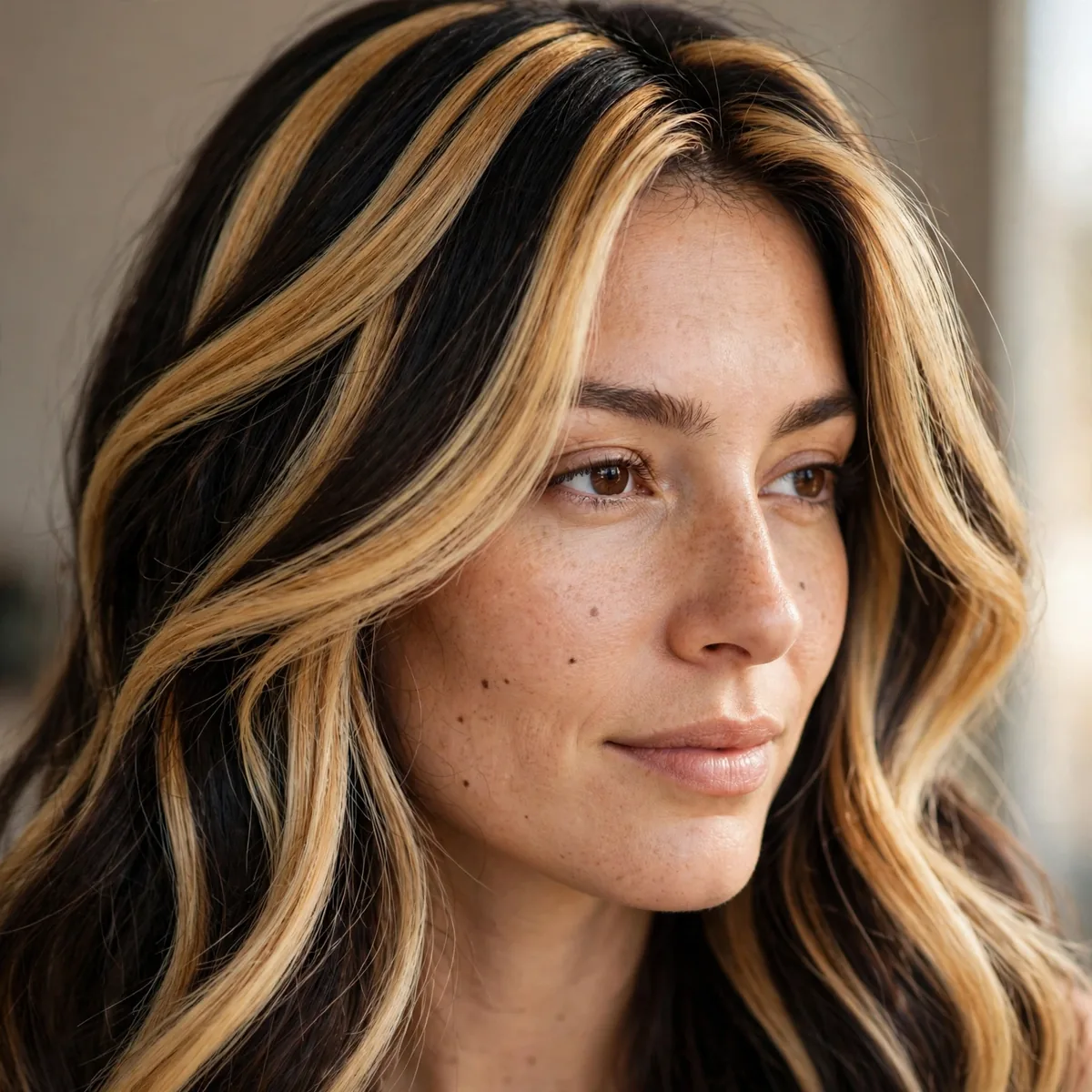 Bold thick honey blonde ribbons balayaged through dark hair