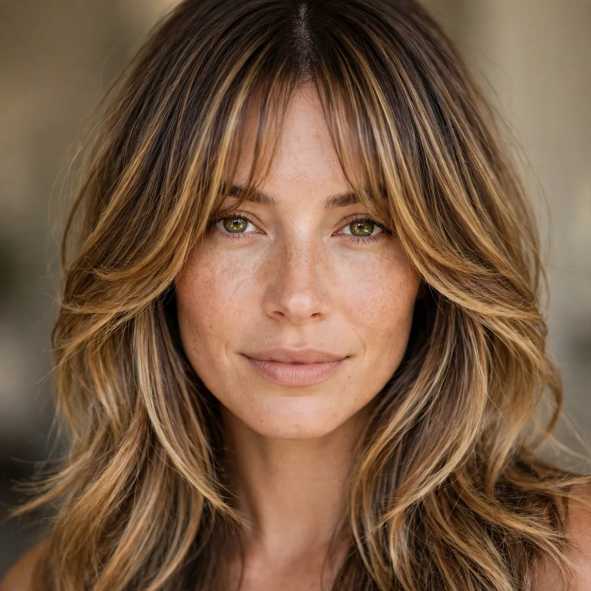 Honey balayage paired with curtain bangs on layered hair