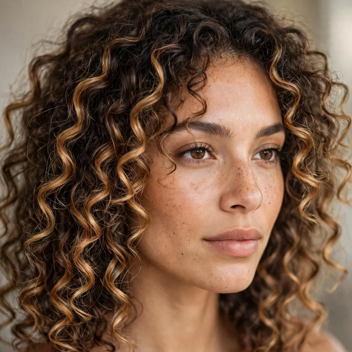 Natural curly hair with honey balayage adding golden dimension