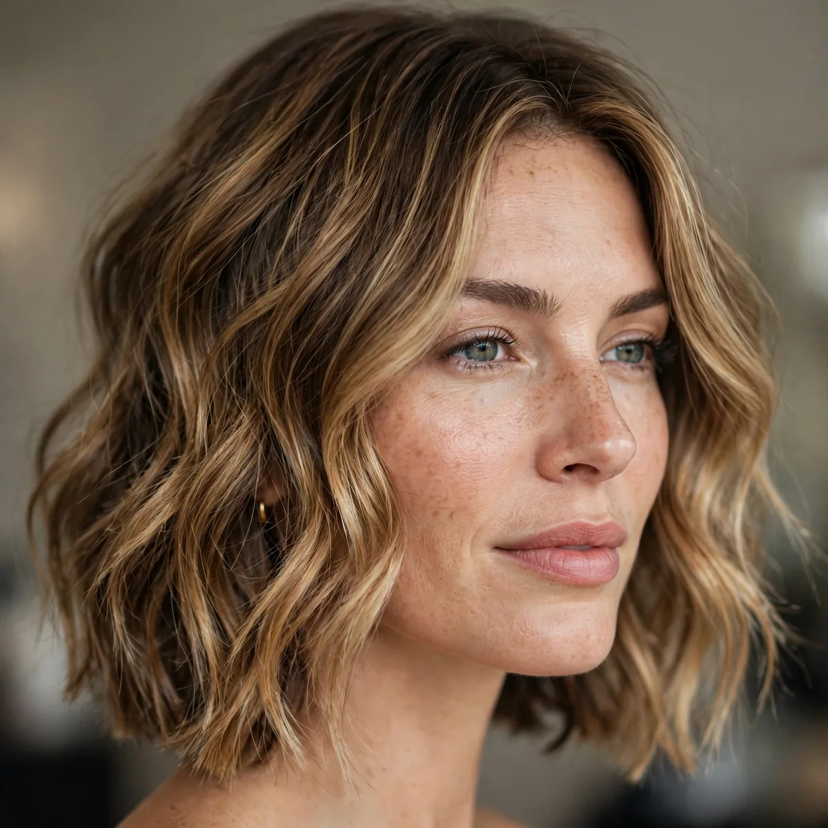 Shoulder length lob with honey balayage and textured waves