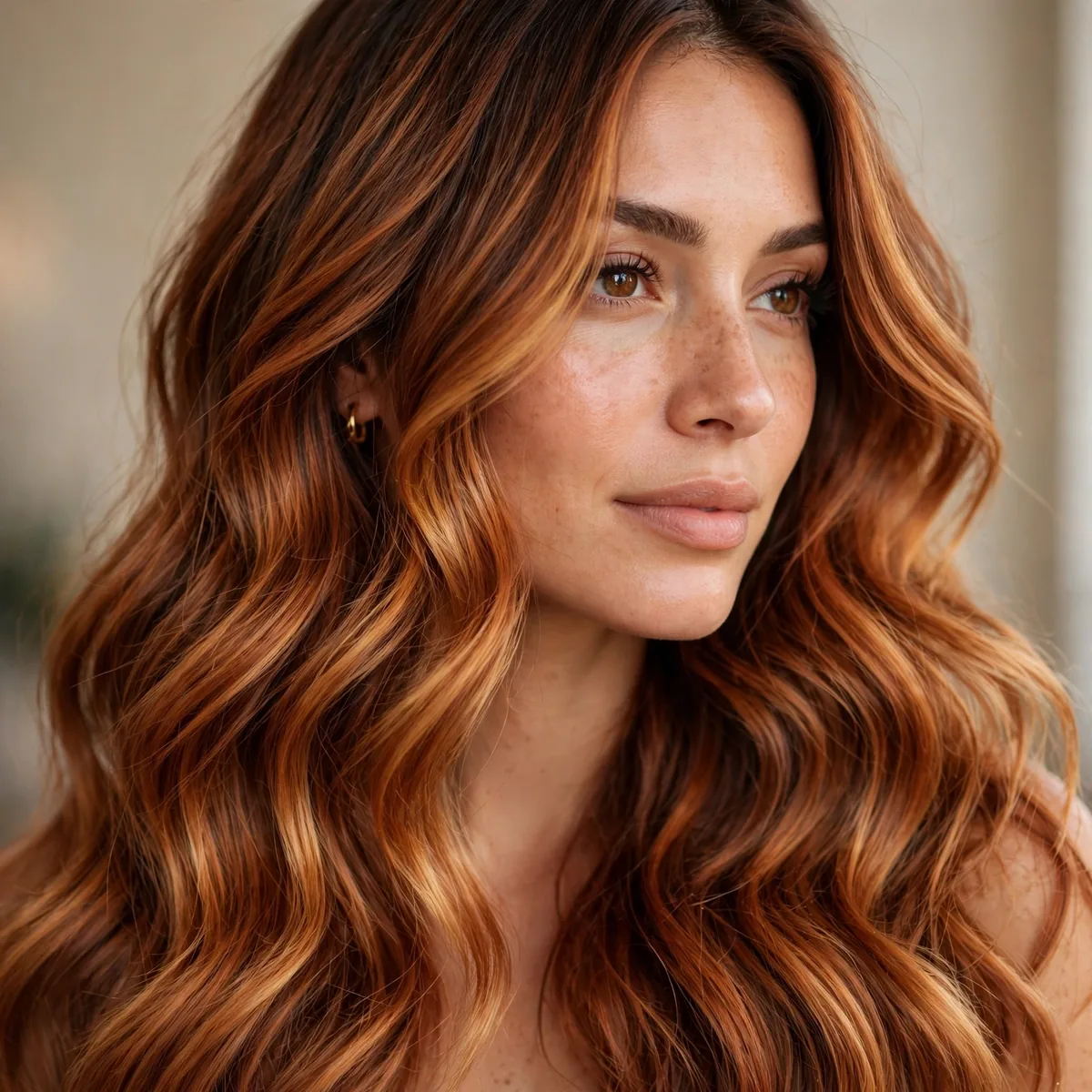 Copper honey balayage with warm reddish golden tones on long hair