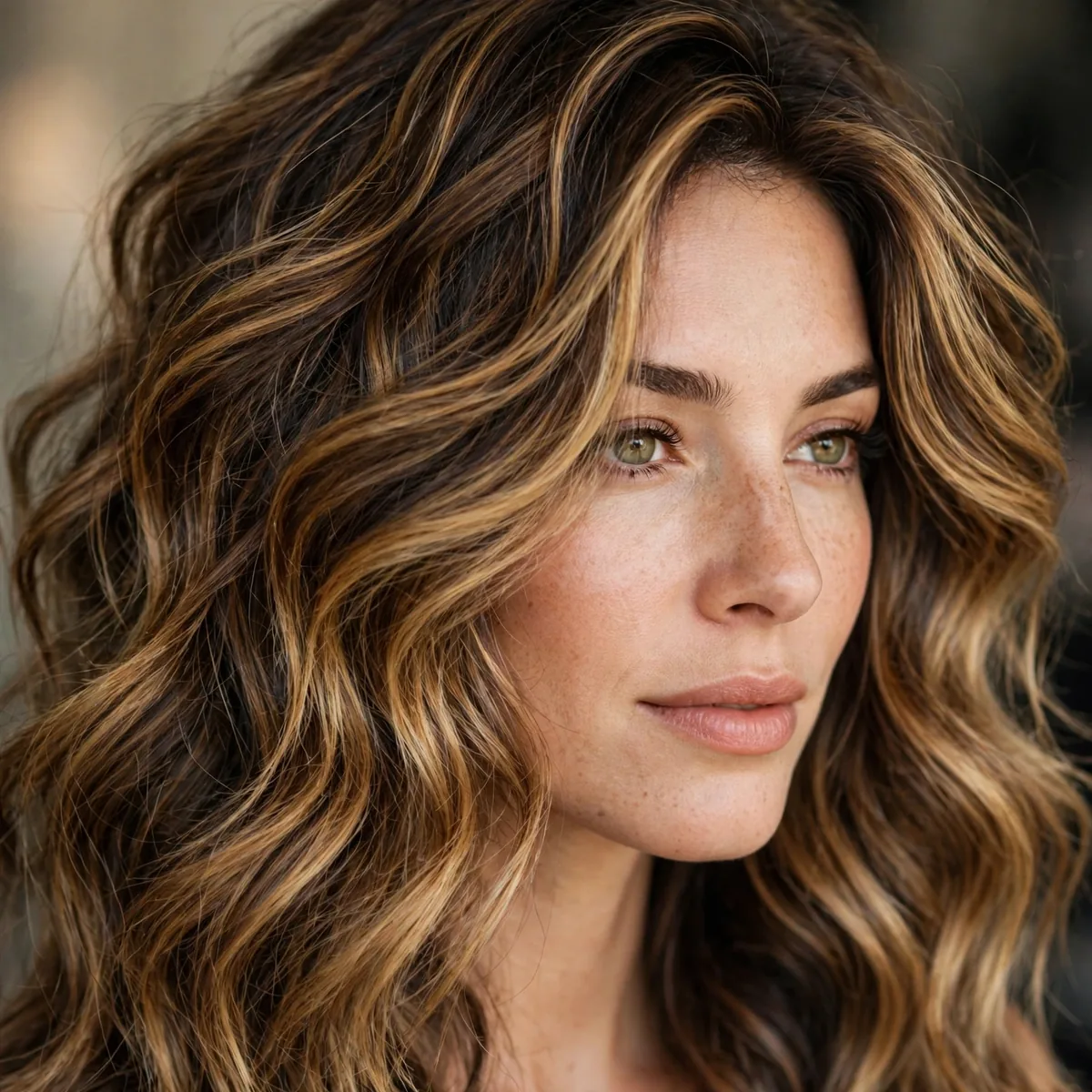 Thick voluminous hair with dimensional honey balayage throughout