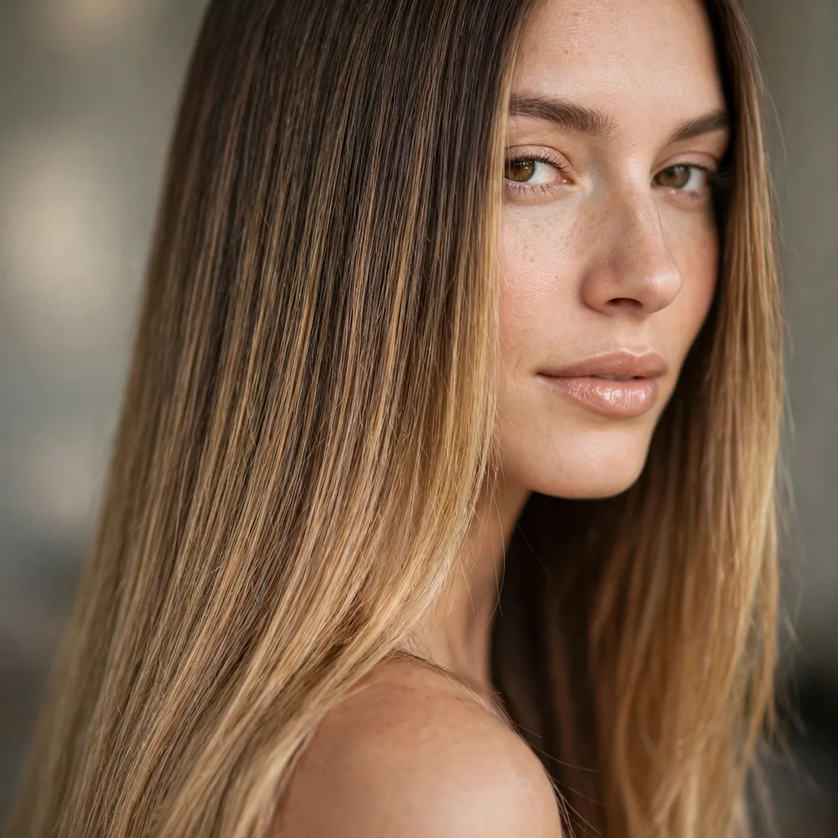 Long straight sleek hair with honey balayage melt flowing down
