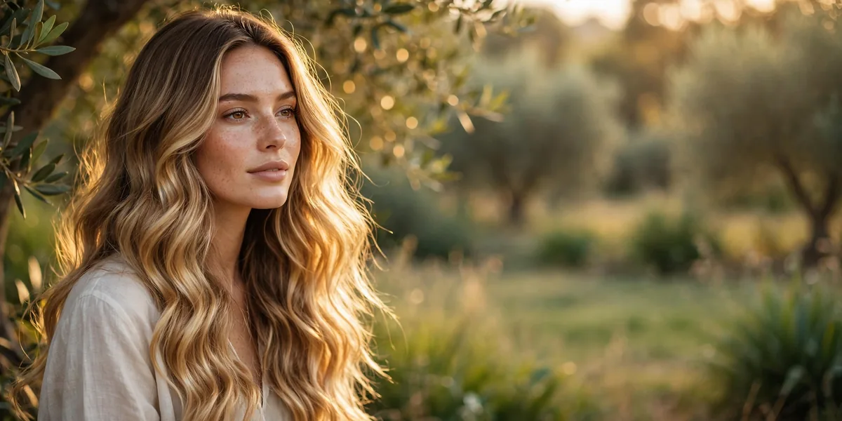 Long wavy hair with honey blonde balayage glowing in golden tones