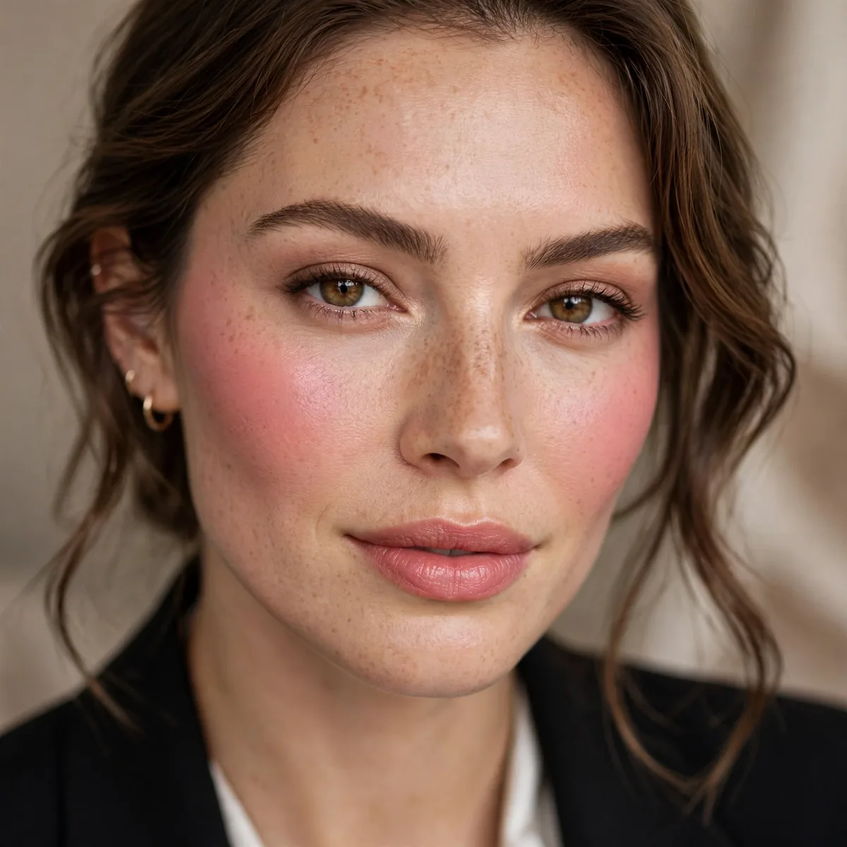 Rosy blush focused interview makeup look