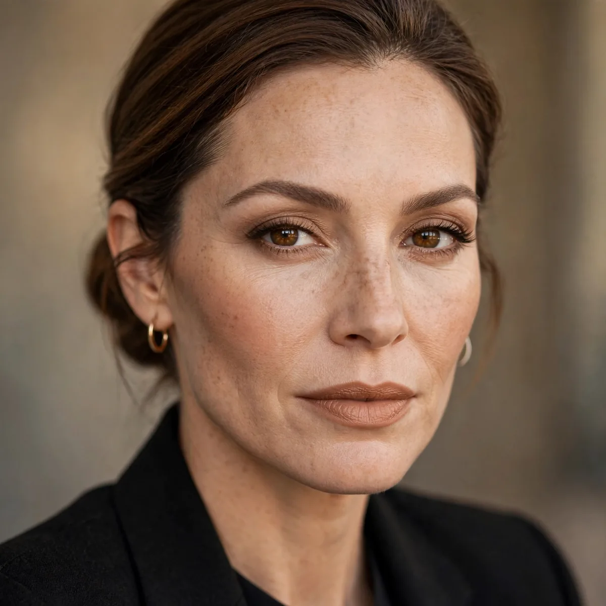 Warm neutral makeup look conveying authority for interview
