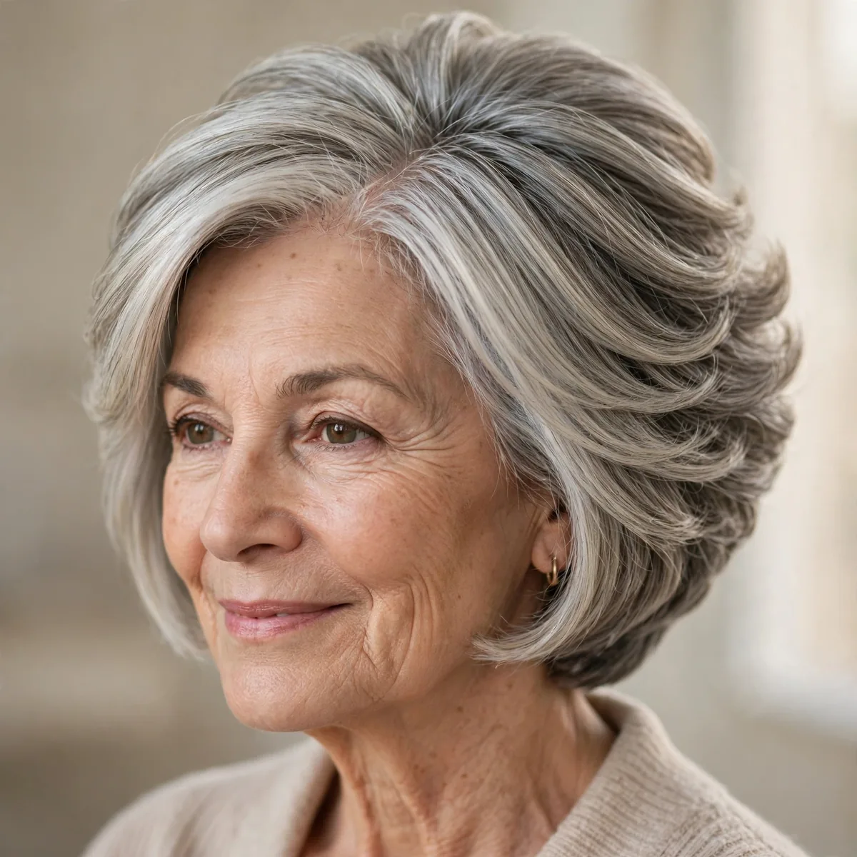 Stacked layered bob with graduated volume at the back for older women