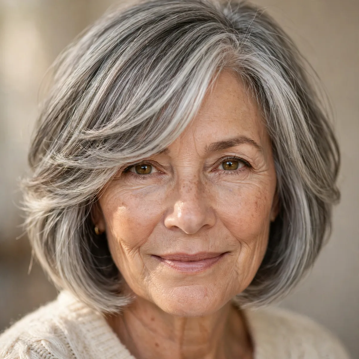 Layered bob haircut with side swept bangs for an older woman