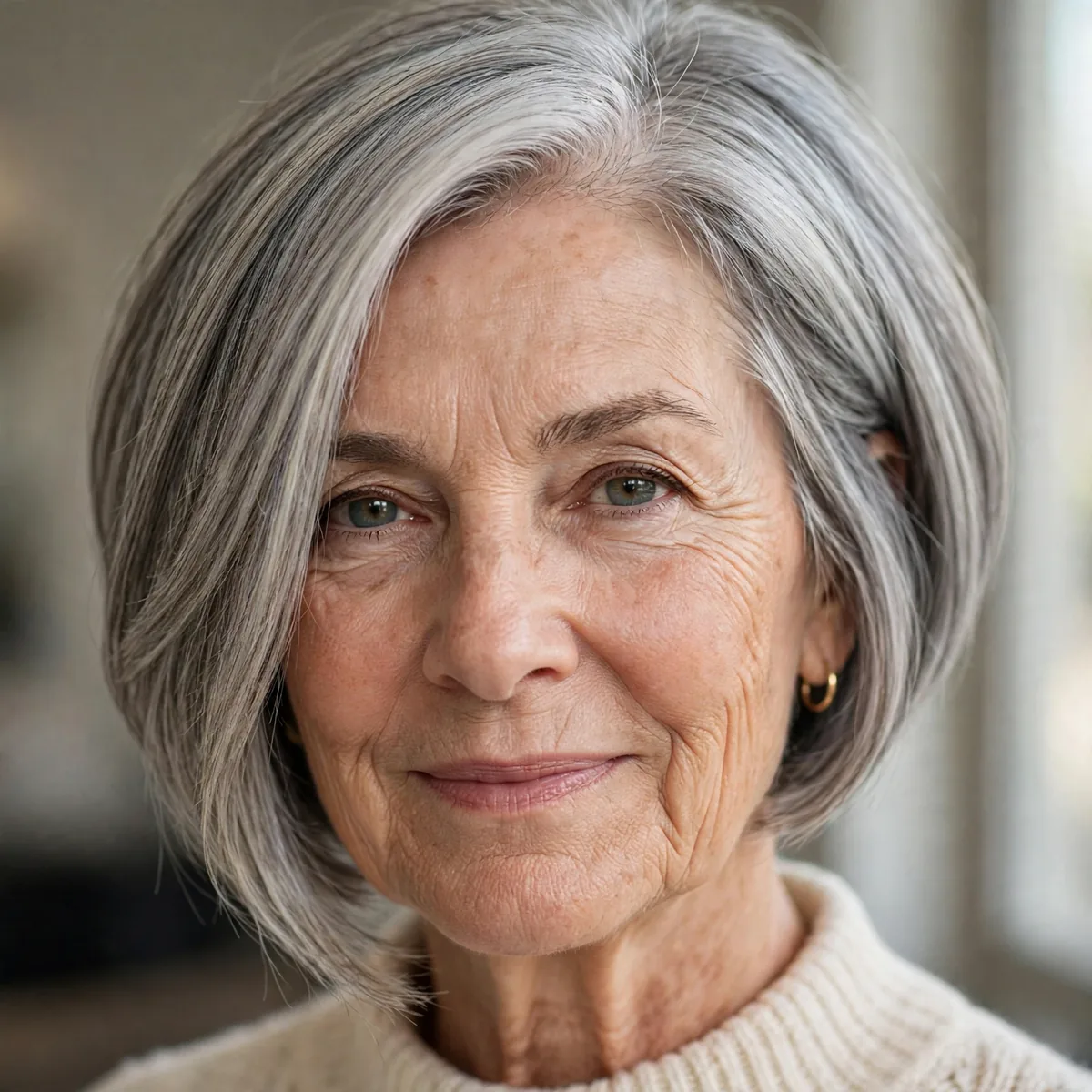Inverted layered bob shorter in back longer in front for older women