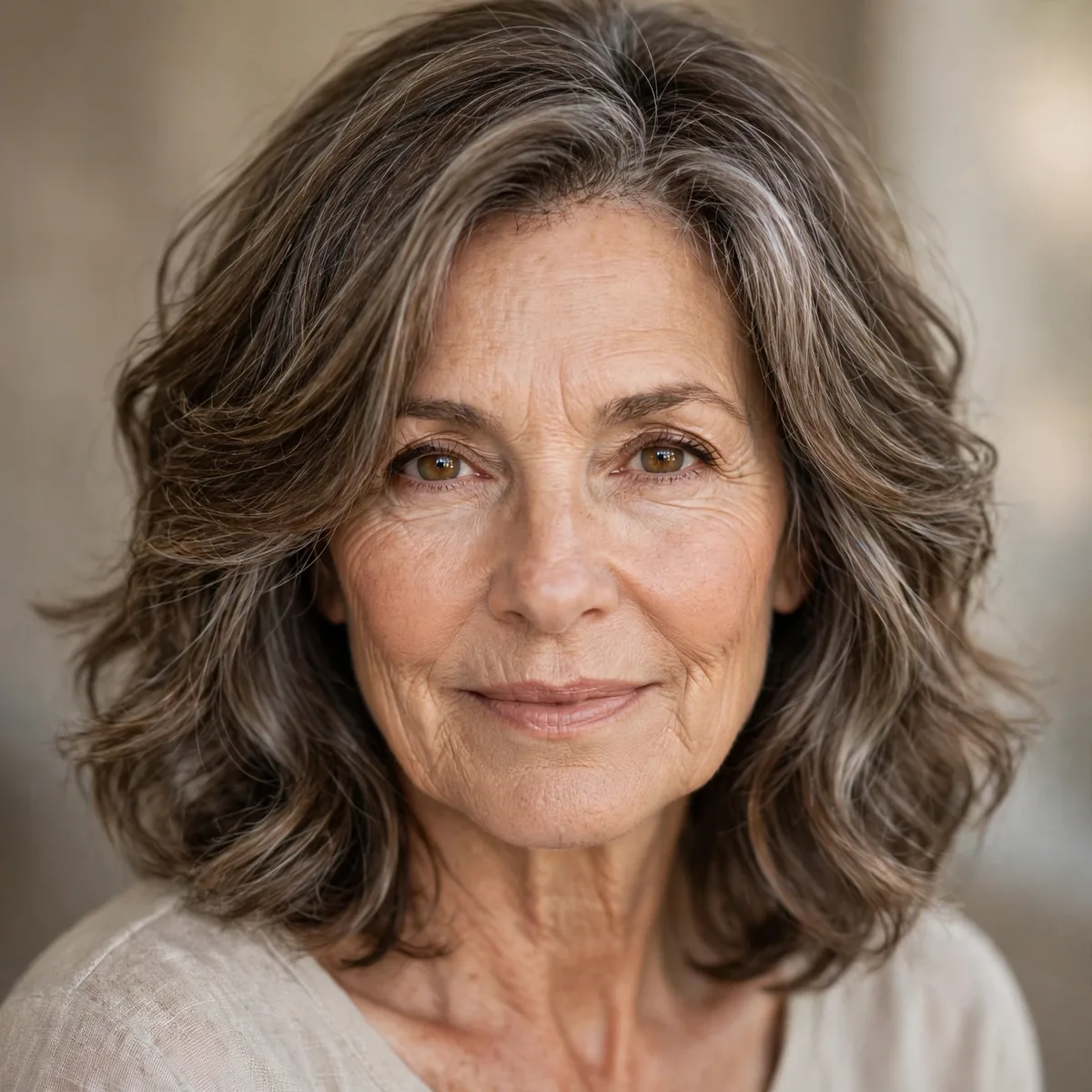 Shoulder length layered lob haircut with soft waves for mature women