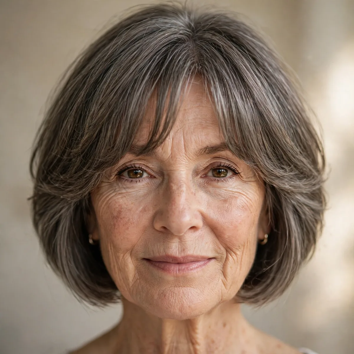 Layered bob with curtain bangs framing the face of an older woman
