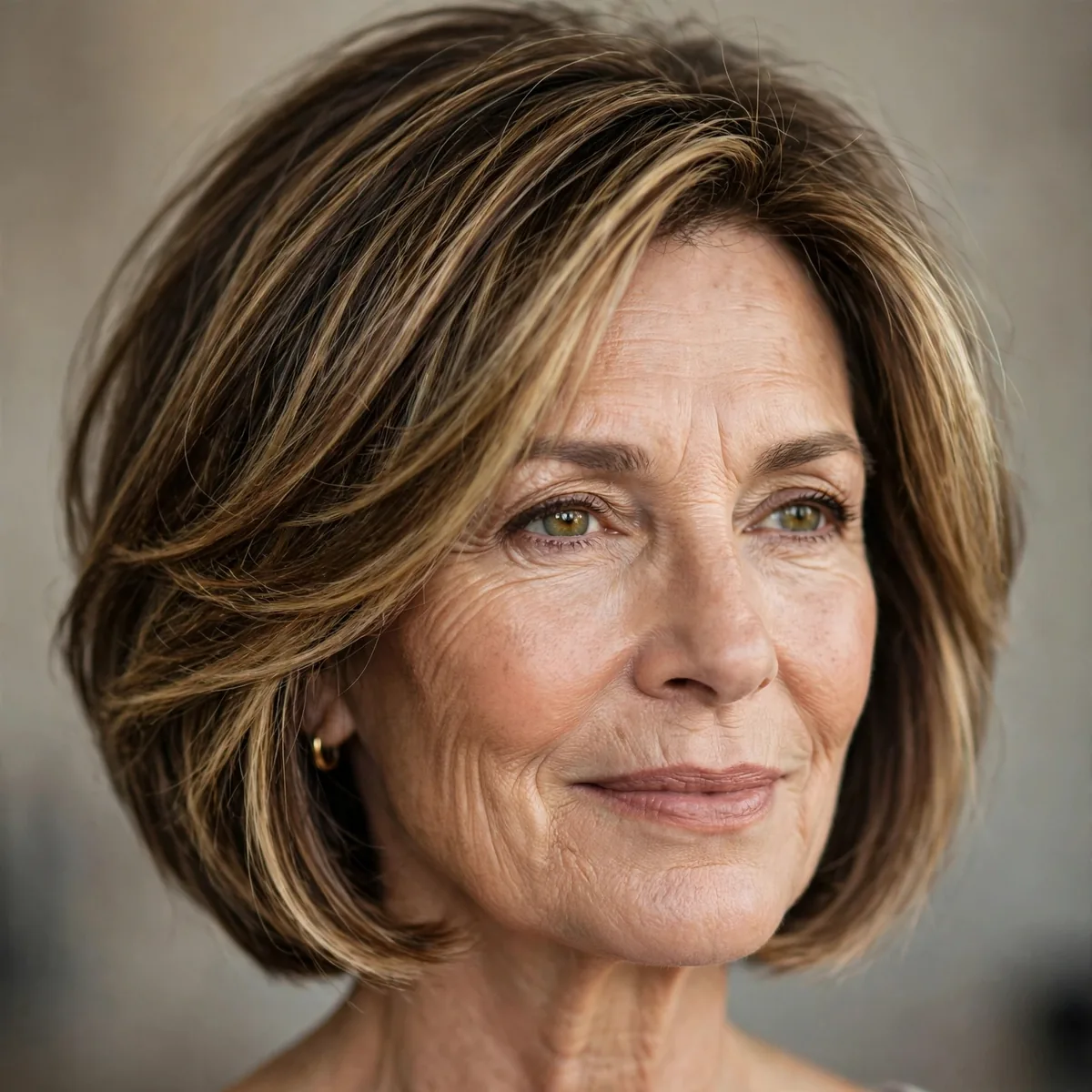 Layered bob with dimensional highlights adding depth for older women