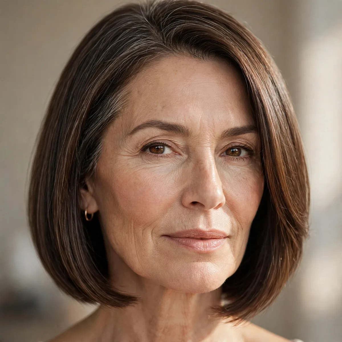 Sleek straight layered bob with polished finish for mature women