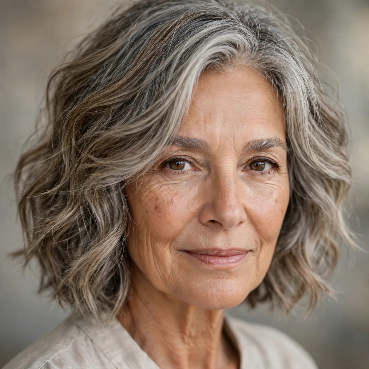 Wavy layered bob with soft beachy texture for older women