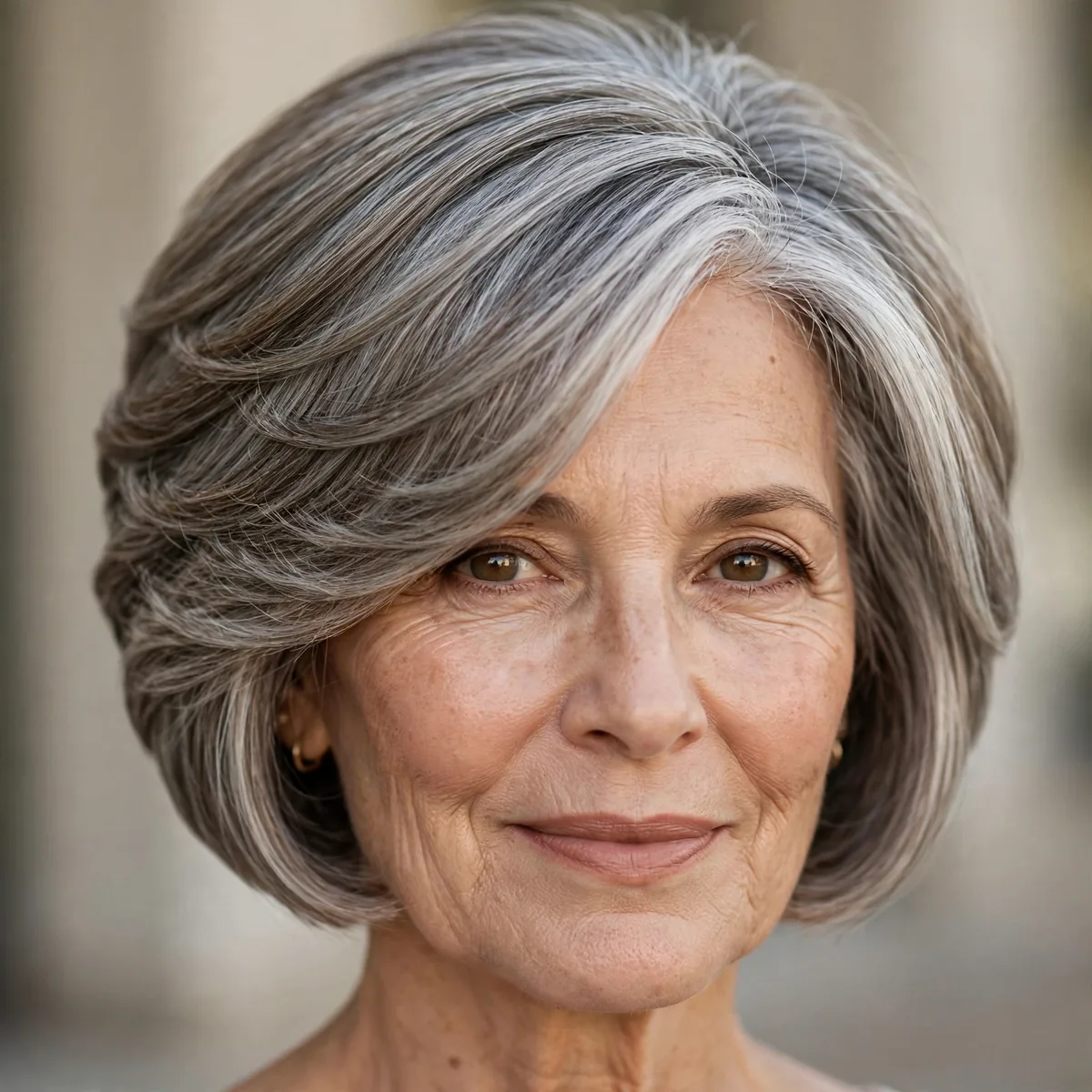 Graduated layered bob with precise stacked shape for older women